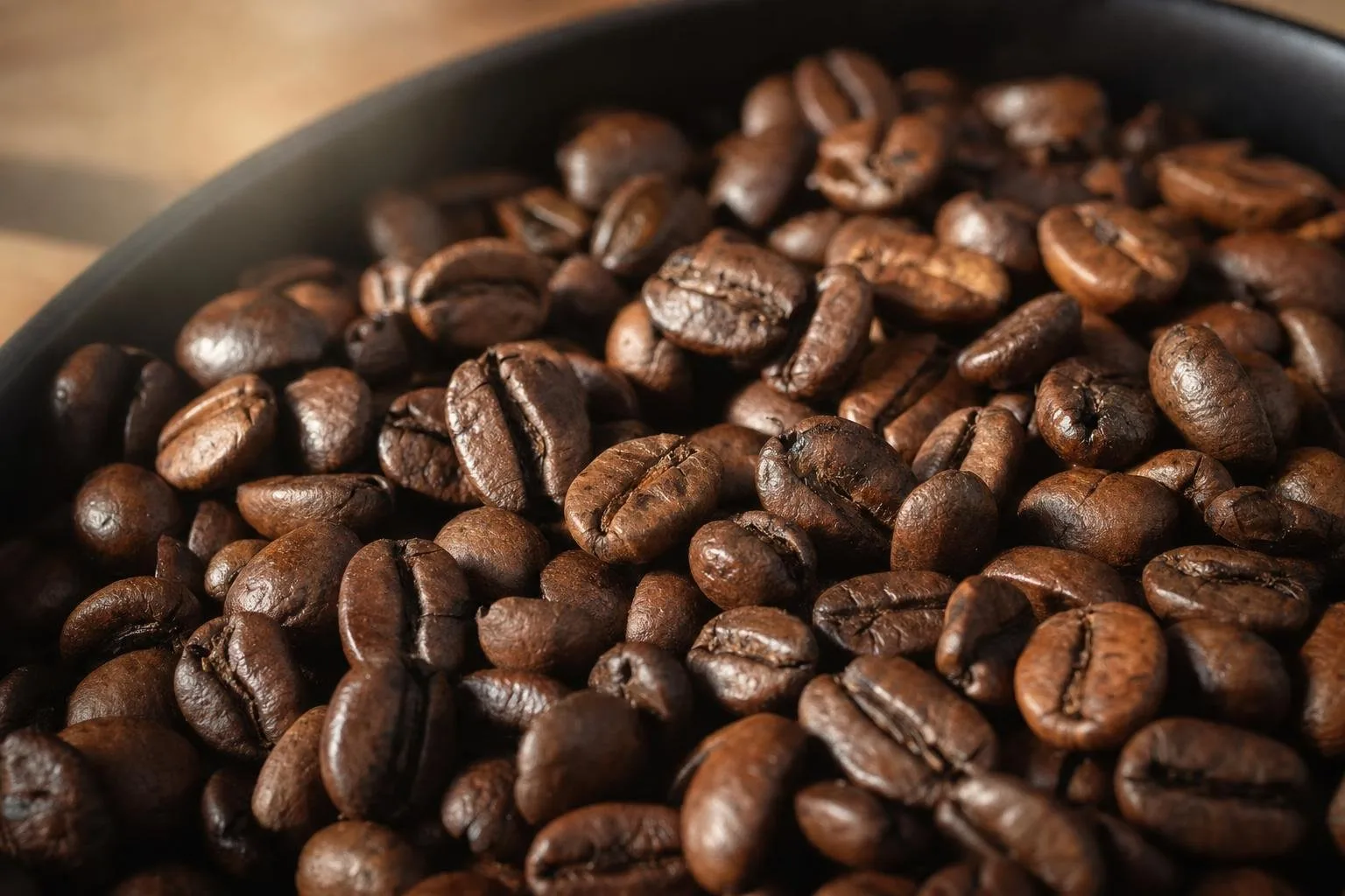 Macro of freshly roasted coffee beans with an oily sheen, dark roastery mood